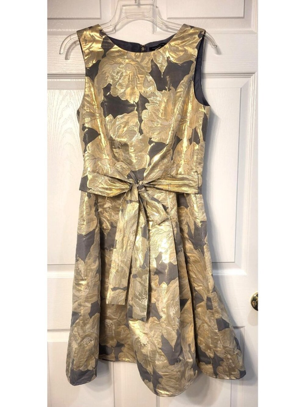 Womens Tommy Hilfiger Metallic Gold/Gray Floral Jacquard Dress 8